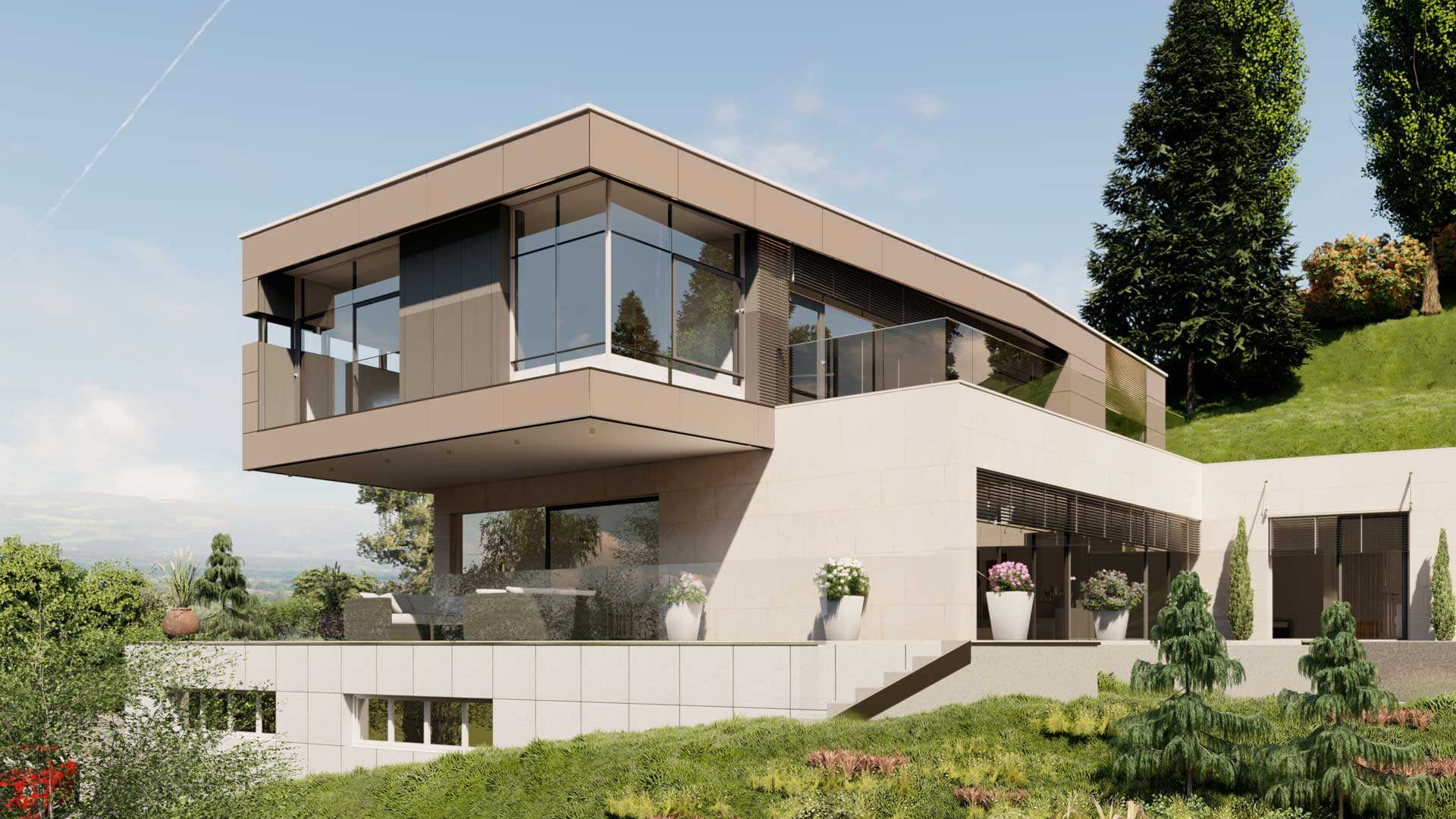 Privathaus Wolfsberg mit Detailansicht in hügeliger Landschaft