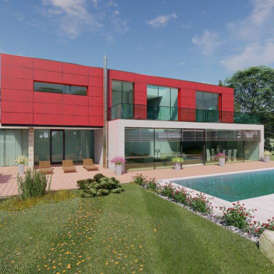 Einfamilienhaus mit roter Fassade im Obergeschoss und Blick in Garten mit Pool