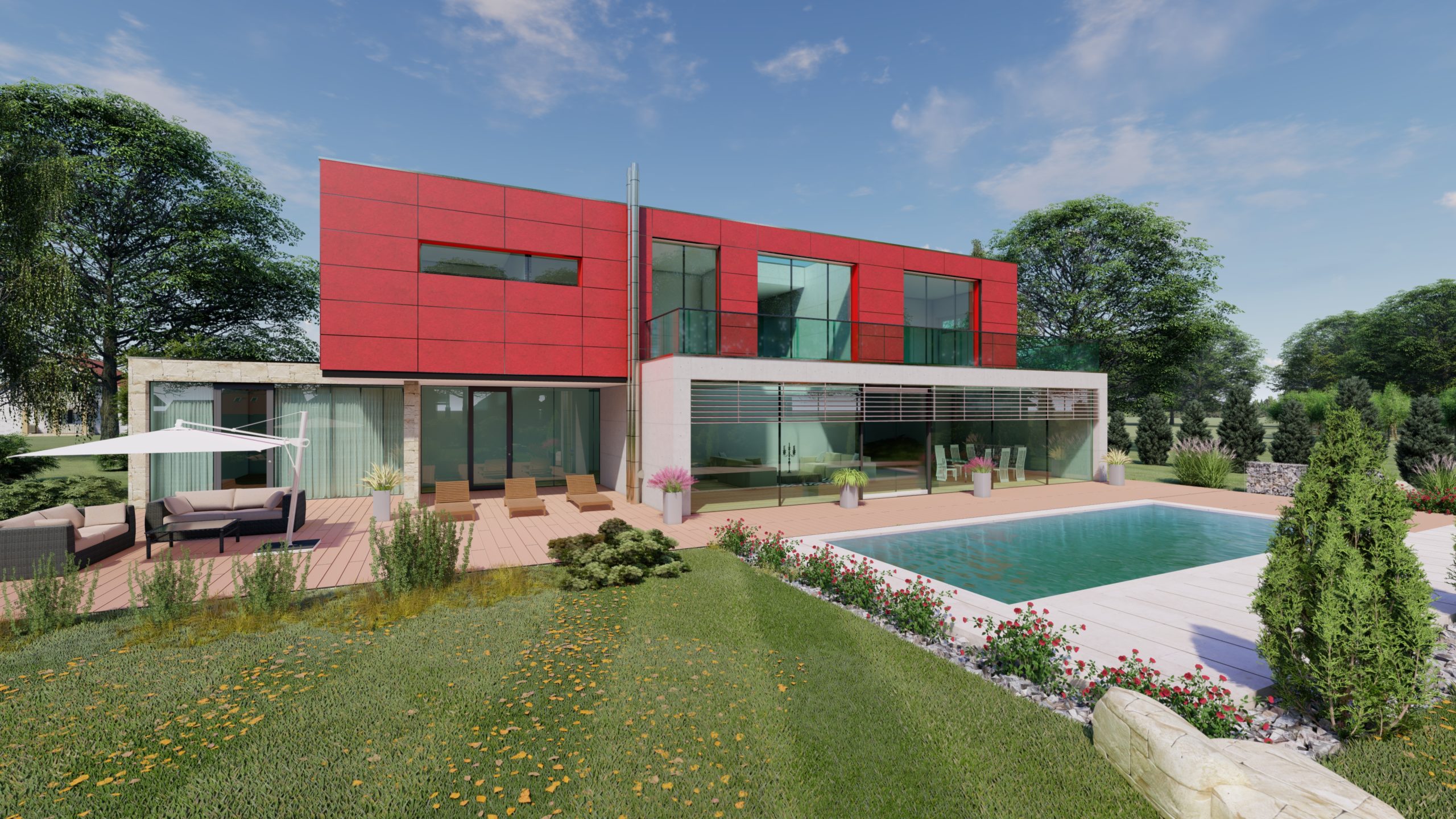 Einfamilienhaus mit roter Fassade im Obergeschoss und Blick in Garten mit Pool